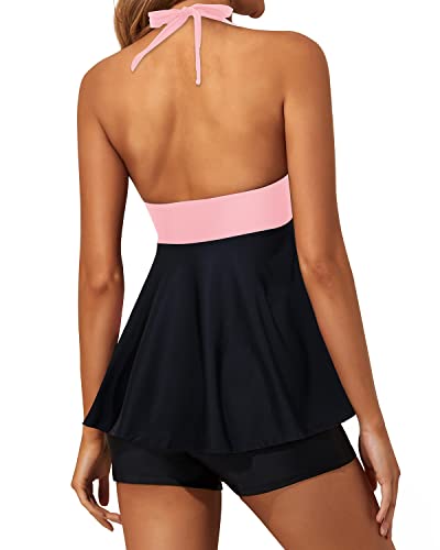 Sexy Bathing Suits Flowy Twist Front Tankini Swimsuits For Women Shorts-Pink And Black