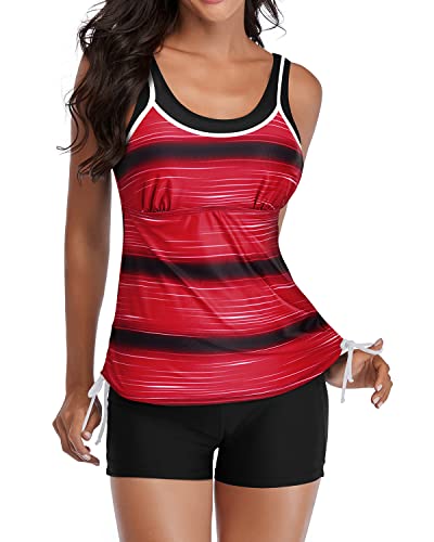 Athletic Double Up Bathing Suits Layered Design & Boyleg Bottom-Red Stripe