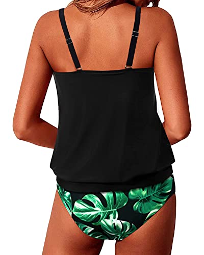 Flattering Blouson Style Blouson Tankini Swimsuits For Women-Black Leaf