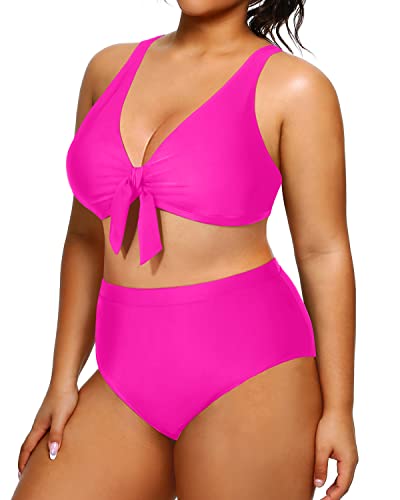 Plus Size Tummy Control Swimwear Bikini High Waisted Two Piece-Neon Pink