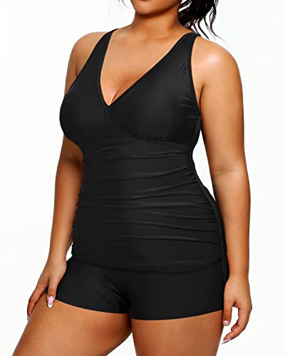 Athletic Plus Size Tankini Shorts Swimsuits For Women-Black