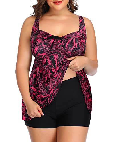 Flyaway Plus Size Tankini Swimsuits For Women Shorts-Red Paisley