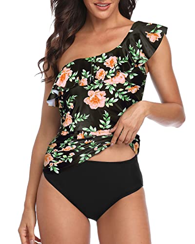 Slimming Swimsuits For Women One Shoulder Tankini-Black Pink Flowers