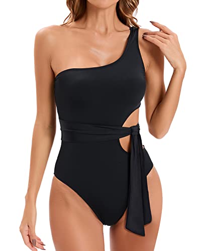 One Shoulder Cut Out Monokini Swimsuit For Women-Black