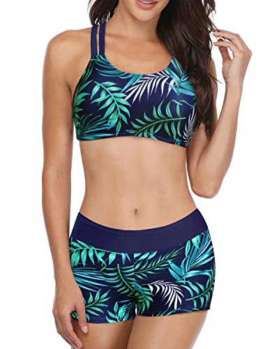 3 Piece Tummy Control Tankini Swimsuits For Women Shorts-Navy Leaves