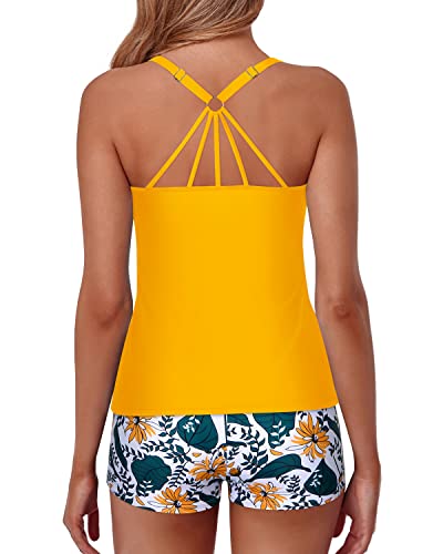 Tummy Control Two Piece Tankini Swimsuits For Women Boy Shorts-Yellow Floral