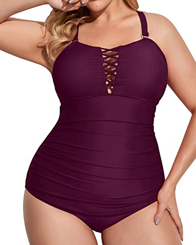 Ruched Tummy Control One Piece Swimsuits Lace Up Plus Size-Maroon