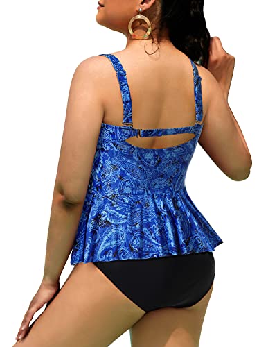 2 Piece Ruffle Hem Plus Size Tankini Swimsuits Tummy Control Bathing Suits-Blue Tribal