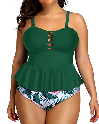 Women's Criss Cross Two Piece Swimsuit Removable Straps-Green Tropical Floral