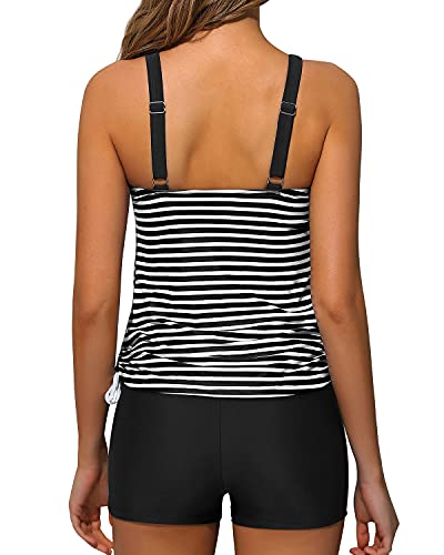 Two Piece Tankini Swimsuits Shorts Athletic Bathing Suits For Women-Black And White Stripe