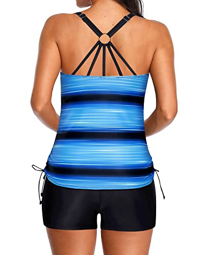 Women's Two Piece Tankini Swimsuits Tummy Control Swimwear-Blue And Black Stripe