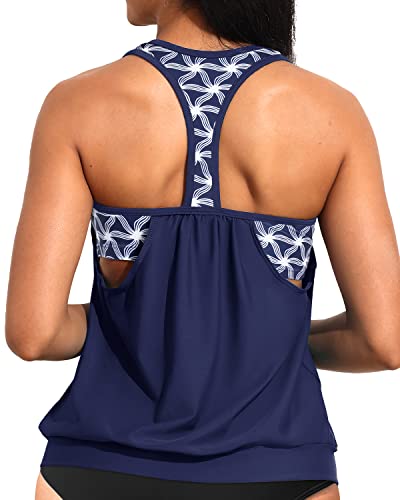 Ladies Racerback Bathing Suit Top Push Up Bra Tankini Top-Blue And White Stars