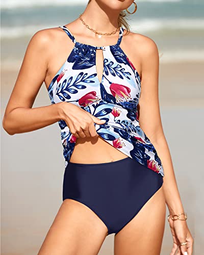 Women's Two Piece Tankini Swimsuit Keyhole And Triangle Bottom-White And Blue Floral