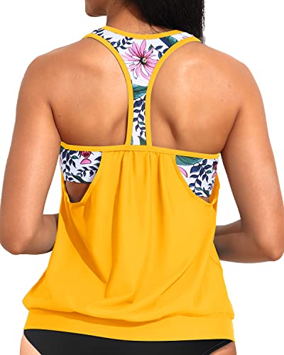 Ladies Tummy Control Long Swim Tank Top Modest Tankini Swimsuit-Yellow Floral