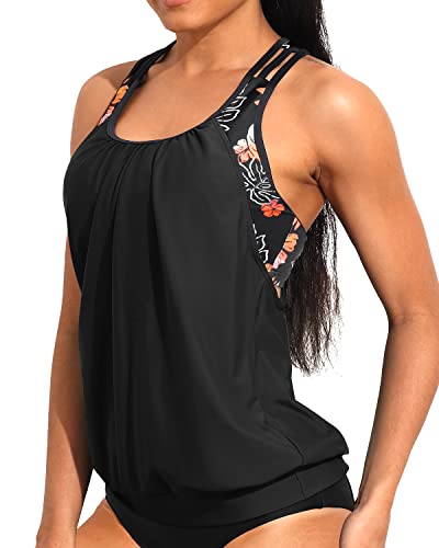 Blouson Tankini Top Only Sporty Bathing Suit Top No Bottoms-Black Floral