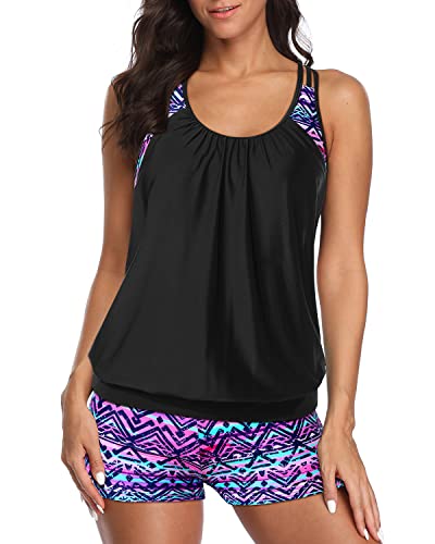 Racerback Bathing Suit Top Boy Shorts For Women-Black And Tribal Purple