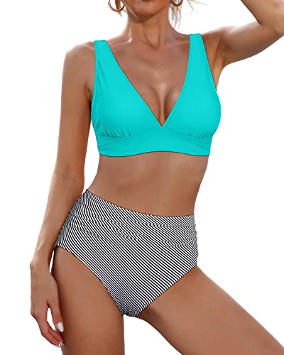 V Neck Two Piece High Waisted Bikini Tummy Control Bathing Suit-Aqua Stripe