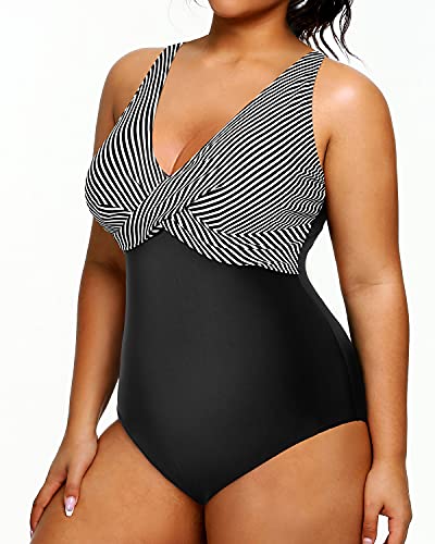 Slimming Tummy Control Plus Size Bathing Suits For Women-Black Stripe