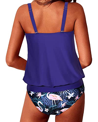 Modest Two Piece Blouson Tankini Swimsuits For Women-Blue Flamingo