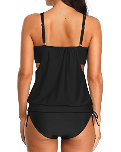 Blouson Tankini Sets Tie Side Shorts Layered Swimsuits For Women-Black