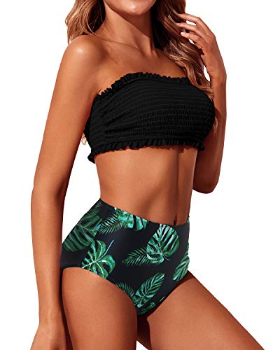 Strapless Ruffle Off Shoulder Bandeau Bikini Set High Waisted Bottoms-Black Leaf