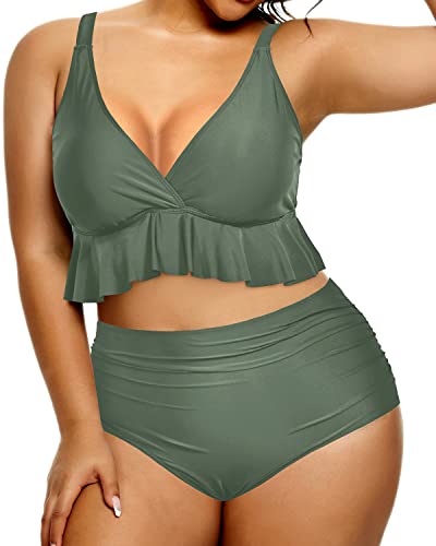 Tummy Control Plus Size Swimsuits For Women High Waisted Bikini Set-Olive Green