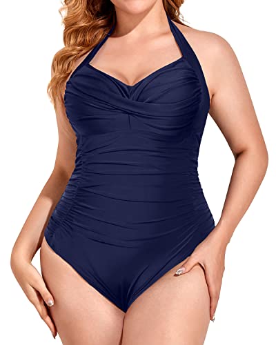 Vintage Style Plus Size Swimsuit For Women Sweetheart Neckline-Navy Blue