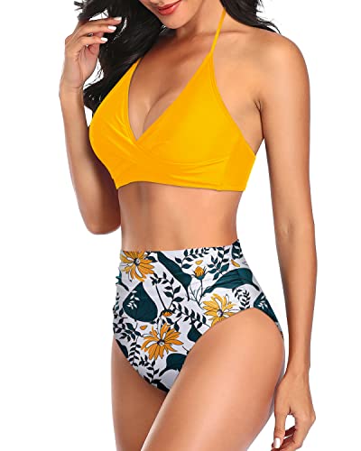 Women's High Necked Two Piece Bikini Set Halter Top Tummy Control Swimsuit-Yellow Floral