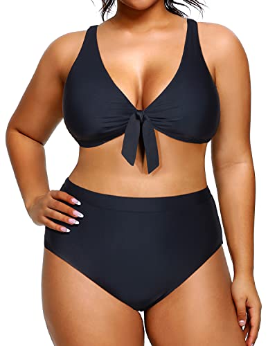 V Neck Plus Size Bikini 2 Piece High Waisted Swimsuits Set-Black