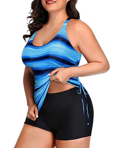 Plus Size Tankini Swimsuit Bathing Suit Top Shorts Athletic 2 Piece Swimwear-Blue And Black Stripe