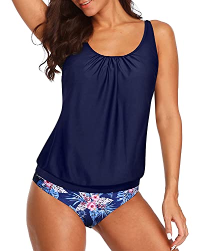 2 Piece Athletic Tankini Swimsuits Tummy Control For Women-Navy Blue Floral