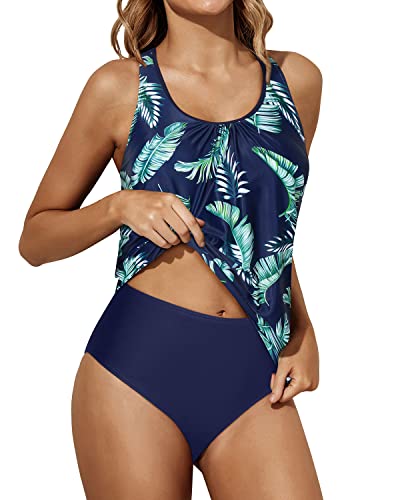 Athletic Tankini Bathing Suits Tank Tops Bottoms Blouson Swimwear For Women-Blue Leaves