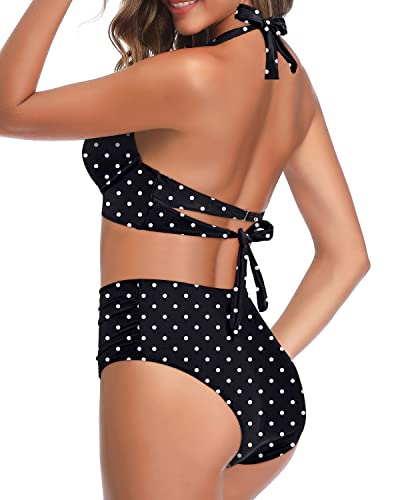 Women's 2 Piece High Waisted Bikini Swimsuits Tummy Control Bathing Suits-Black Dot