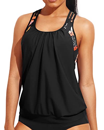 Blouson Tankini Top Only Sporty Bathing Suit Top No Bottoms-Black Flor ...