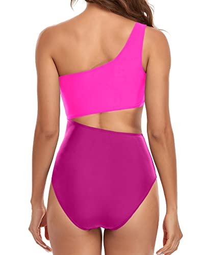 Asymmetric One Shoulder Neckline Cutout One Piece Swimsuits-Phosphor And Dark Pink
