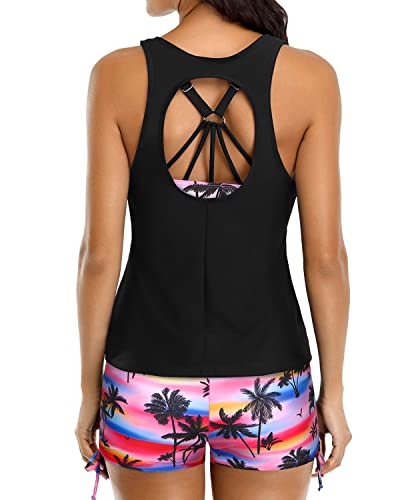 Women's Cutout Back Tankini Top And Summer Beach Swimsuits-Black Palm Tree