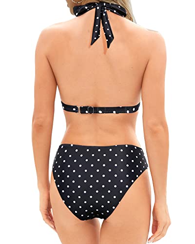 Vintage Halter Bikini Set Push Up Bra For Women's Swimwear-Black Dot