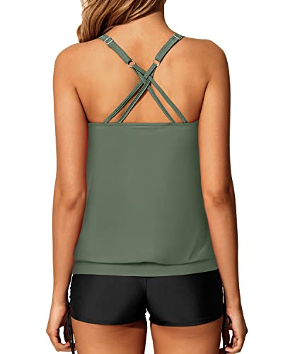 Women's Push Up Drawstring Adjustable Blouson Tankini Swimsuits-Olive Green