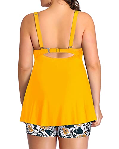 Bowknot Swimwear Tankini Swimsuits Shorts For Curvy Women-Yellow Floral