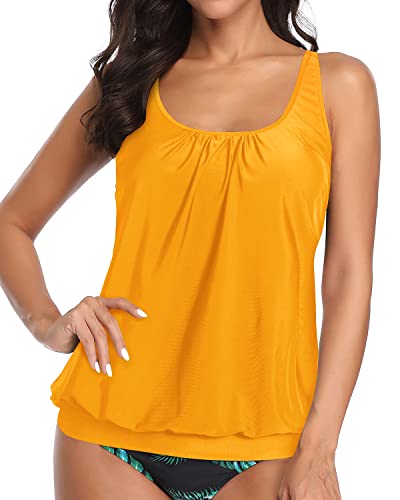 Women's Scoop Neck Tankini Top Adjustable Shoulder Straps-Yellow