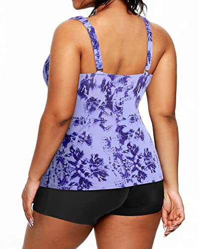 Ruched Plus Size Tankini Two Piece Swimsuits Shorts For Women-Blue Tie Dye