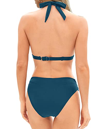 Vintage Two Piece Bathing Suits Push Up Bikini Set Halter Swimsuit-Teal