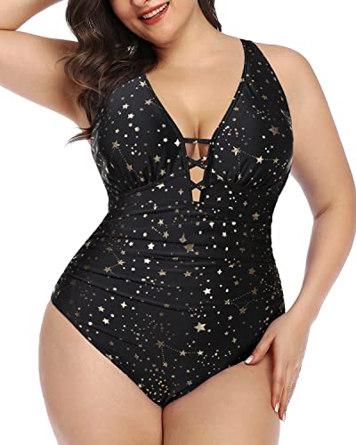 Adjustable Criss Cross Shoulder Straps Plus Size Slimming One Piece Swimsuit-Black Palm Tree,Gold Stars