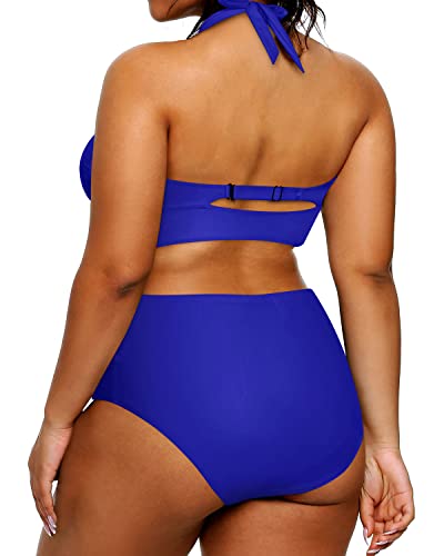 V Neck Two Piece Plus Size Halter Bikini Swimsuits Push Up Pads-Royal Blue