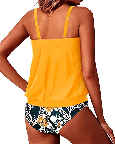 Women's Tummy Control Tankini Swimsuits Mid Waist Bottom-Yellow Floral