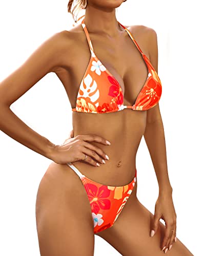 Triangle Thong Bathing Suits Set Sexy Women's 3 Piece Swimsuits-Orange Flowers