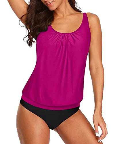 Women's Athletic Blouson Tankini Swimsuits Tummy Control-Purple