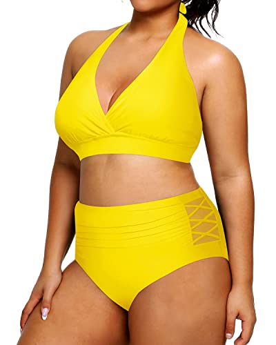 Women's Two Piece Plus Size Halter Bikini Swimsuit For Tummy Control-Neon Yellow