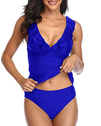 2 Piece Ruched Bathing Suits Tummy Control Swimsuits Falbala Ruffle-Royal Blue