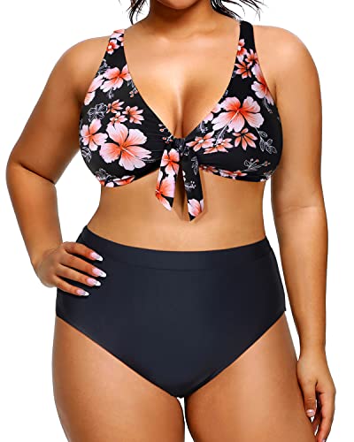 Slimming Plus Size Bikini High Waisted Swimsuits Two Piece Bathing Suits-Pink Flower